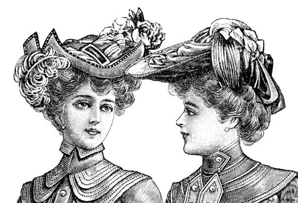 ilustraciones, imágenes clip art, dibujos animados e iconos de stock de retrato de dos mujeres con sombreros vintage - grabado objeto fabricado