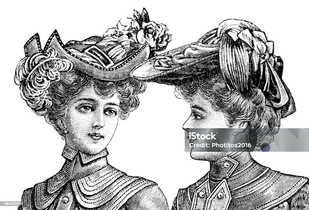 portrait of two women with vintage hats two women wearing elegant vintage hats. Engraved illustration of La Moda Elegante Women stock illustration