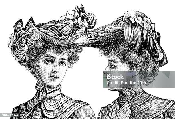 Portrait Of Two Women With Vintage Hats Stock Illustration - Download Image Now - Women, Victorian Style, Old-fashioned