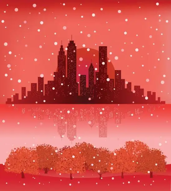 Vector illustration of City Skyline with snowing sky,nature at Christmas new year