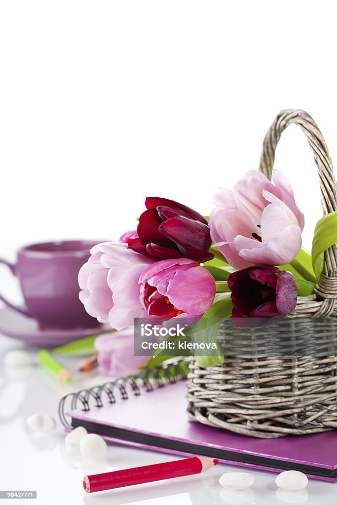 Pink tulips  Basket Stock Photo