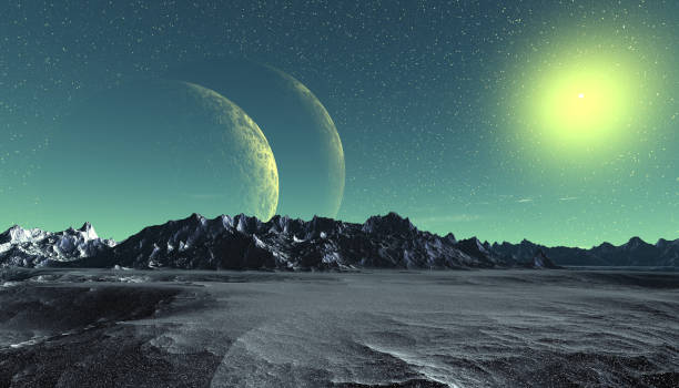 Alien Planet. Mountain and  water. 3D rendering stock photo