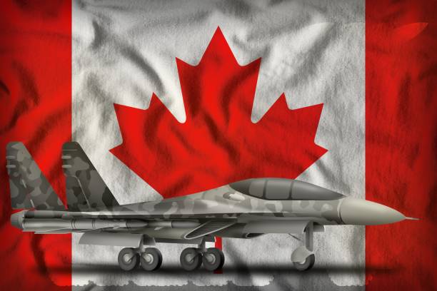 istock fighter, interceptor with city camouflage on the Canada state flag background. 3d Illustration 984295638