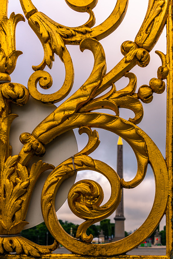 Detail of the gate of the public gardens in Paris with the Place de la Concorde in the out of focus region