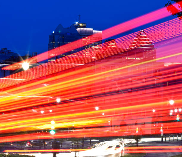 Light streaks in Montreal, Canada, at dusk.Avenue du Parc at avenue des Pins.