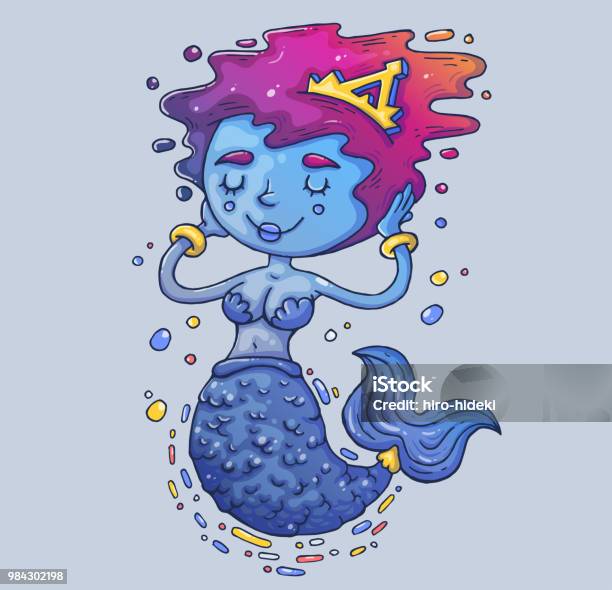 Beautiful Mermaid With Colored Hair Cartoon Illustration For Print And Web Character In The Modern Graphic Style Stock Illustration - Download Image Now