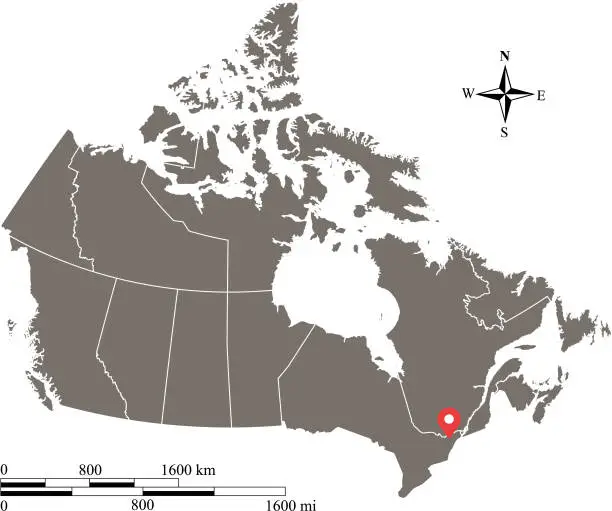 Vector illustration of Canada map provinces and territories and capital location and mileage and kilometer scales vector outline gray background