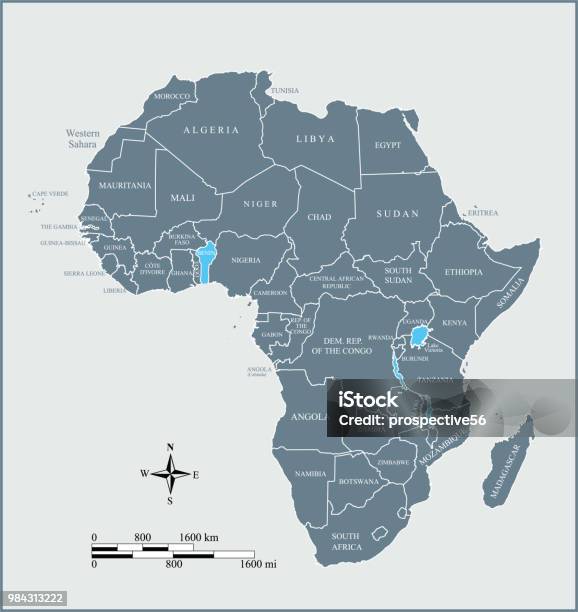 Afrika Kaart Landen Label Vector Overzicht Blauwe Achtergrond Met Afstand In Mijlen En Kilometer Schubben Stockvectorkunst en meer beelden van Kaart