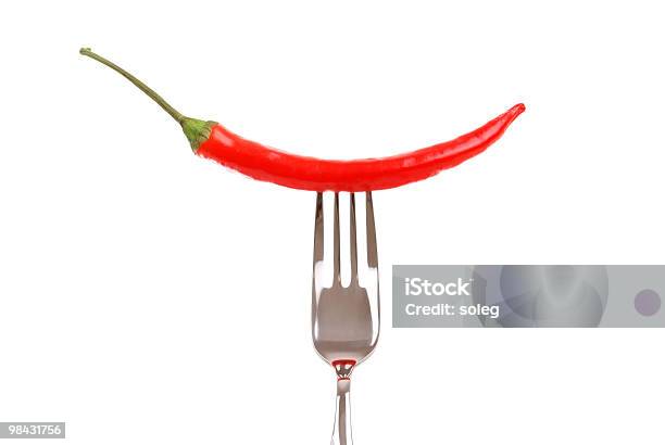 Red Hot Chili Pepper Pricked On The Steel Fork Stock Photo - Download Image Now - Chili Pepper, Close-up, Color Image