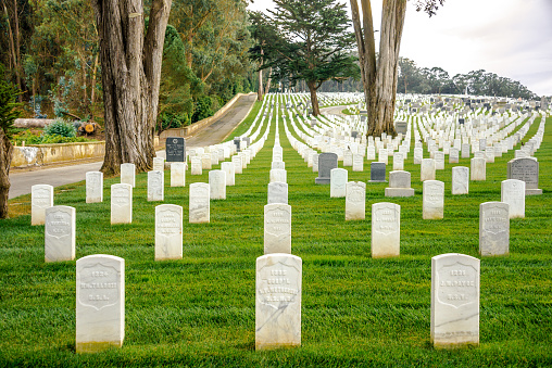 San Francisco, USA - November 3, 2017: San Francisco National Cemetery overlooking the San Francisco Bay. San Francisco National Cemetery was a small post cemetery established July 1852 by the U.S. Army. In 1884, the War Department made it a National Cemetery and it gradually expanded to its current size of 28.34 acres.