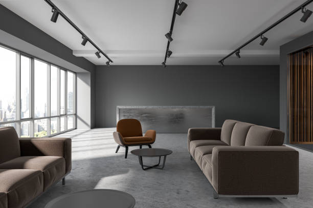 istock Office waiting room, brown armchairs, reception 984319376