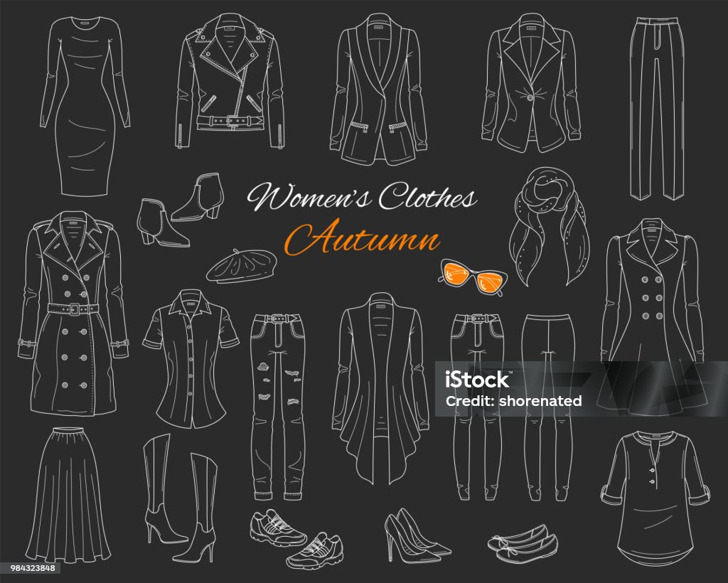 Women's clothes collection. Vector sketch illustration Female fashion set. Women's clothes collection. Autumn outfit: trench coat, leather jacket, cardigan, dress, jeans, pants, blazer, boots, flats and sneakers vector illustration isolated on chalkboard. Beret stock vector