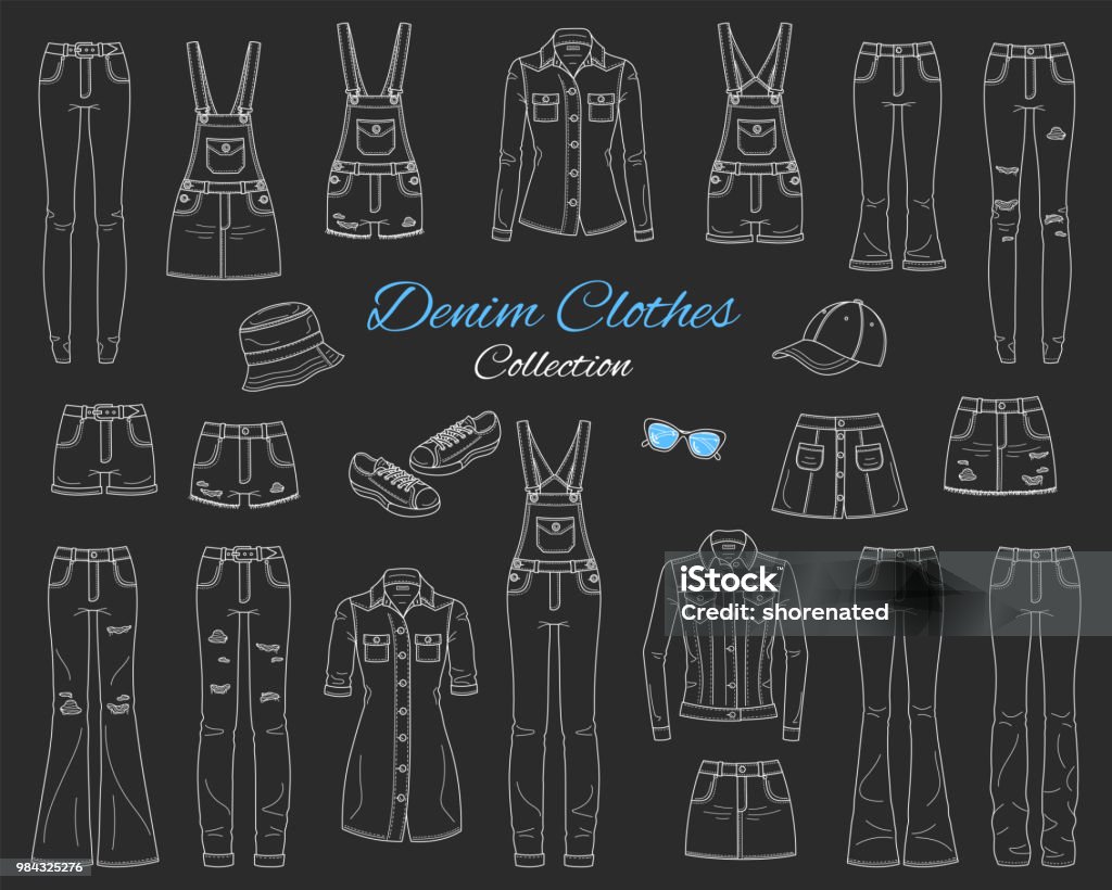 Denim clothes collection. Vector sketch illustration Denim clothes collection. Different types of jeans pants, jeans jacket, shirt, shorts, skirts, overalls, cap and sneakers, isolated on chalkboard background, sketch vector illustration. Bib Overalls stock vector