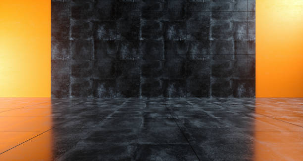 istock Grunge High Contrast Concrete Reflective Room With Orange Walls Empty Space Minimalistic 3D Rendering 984335610