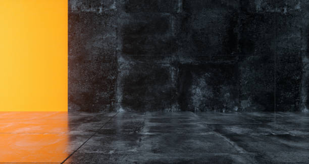 istock Grunge High Contrast Concrete Reflective Room With Orange Walls Empty Space 3D Rendering 984335628