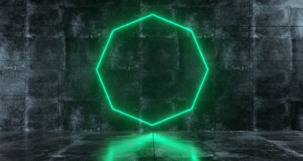 istock Concrete Wall Room With Blue Neon Light Octagon With Concrete Floor With Reflection 3D Rendering 984338220