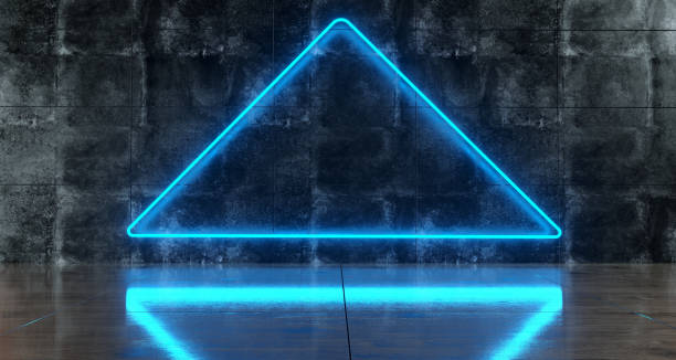 istock Concrete Wall Room With Blue Neon Light Triangle With Wooden Floor With Reflection 3D Rendering 984338450