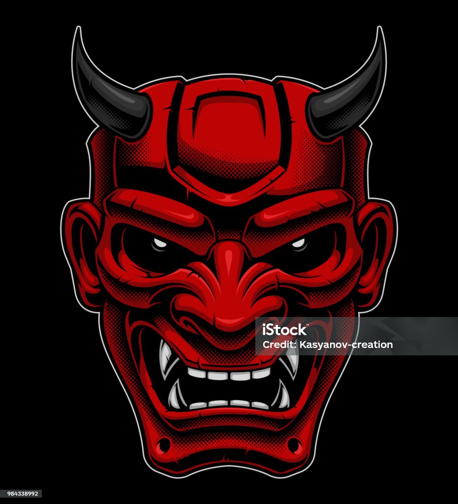 Japanese demon mask Japanese demon mask. Colorful vector illustration on dark background. Devil Costume stock vector