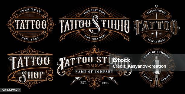 Ilustración de Conjunto De Emblemas De Cosecha Tatuaje y más Vectores Libres de Derechos de Tatuaje - Tatuaje, Letra de imprenta, Retro