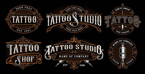 illustrazioni stock, clip art, cartoni animati e icone di tendenza di set di emblemi tatuaggi vintage - tattoo