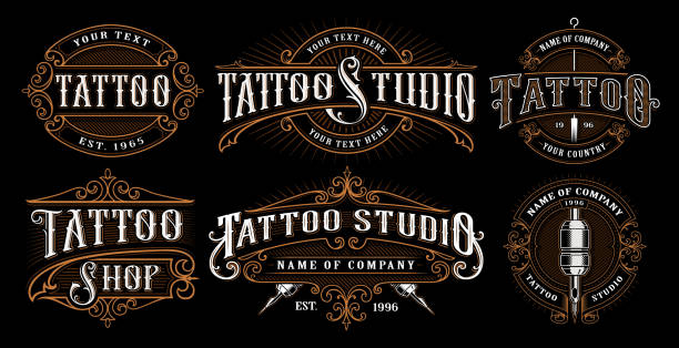 set of vintage tattoo emblems Set of vintage tattoo emblems, symbols, badges, shirt graphics. Tattoo lettering illustration. All elements, text are on the separate layer. tattoo stock illustrations