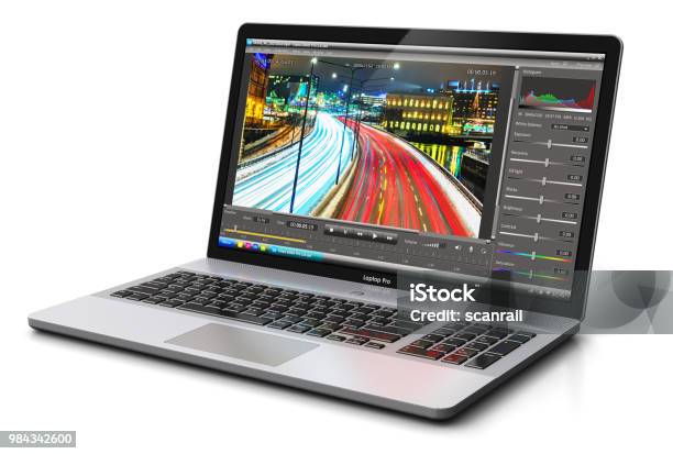 Laptop Or Notebook With Video Editing Software Stock Photo - Download Image Now - Video Still, Editor, Laptop
