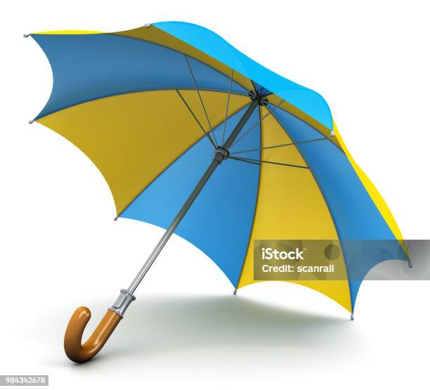 Photo libre de droit de Bleu Et Jaune Parapluie Ou Parasol banque d'images et plus d'images libres de droit de Parapluie - Parapluie, Fond blanc, Bouclier