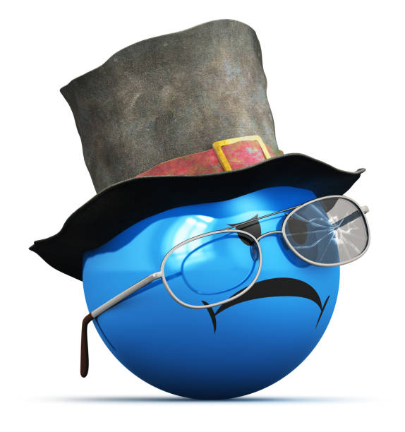Creative abstract 3D render illustration of the bad sad disappointed blue smiley emoji, emoticon or icon with old crumpled top hat and broken eyeglasses, glasses or sunglasses isolated on white background