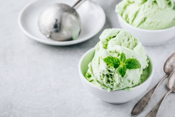 Homemade green lime Ice Cream with mint leaves Homemade green lime Ice Cream with mint leaves copy space lime basil plant stock pictures, royalty-free photos & images