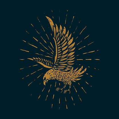 Eagle illustration in golden style on dark background. Design element for poster, card, sign, print. Vector image