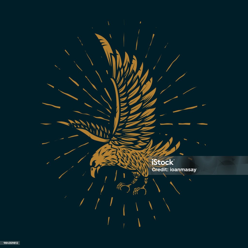 Eagle illustration in golden style on dark background. Design element for poster, card, sign, print. Eagle illustration in golden style on dark background. Design element for poster, card, sign, print. Vector image Eagle - Bird stock vector