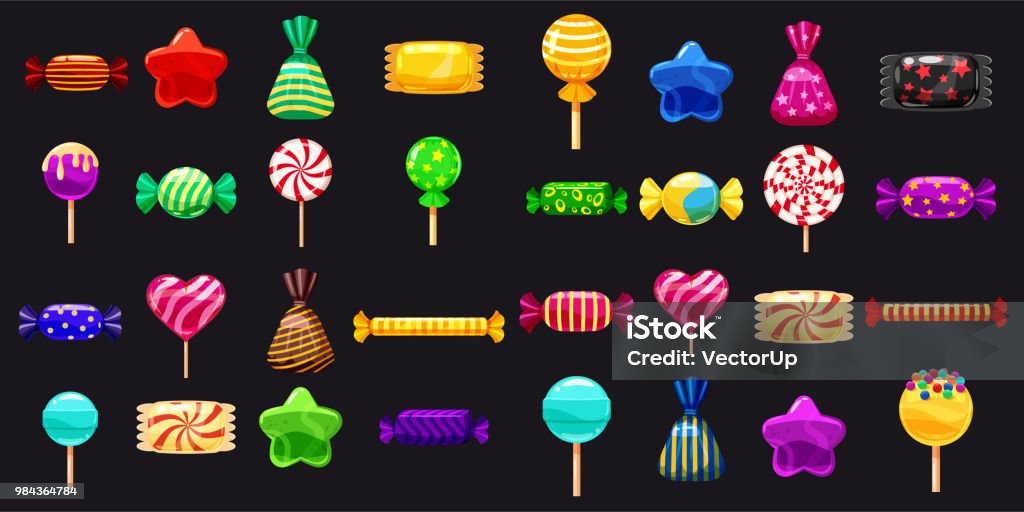 Supe set of different sweets on black background hard candies dragee jelly beans peppermint candy. Vector illustration Set of different sweets on black background hard candies dragee jelly beans peppermint candy. Candy stock vector