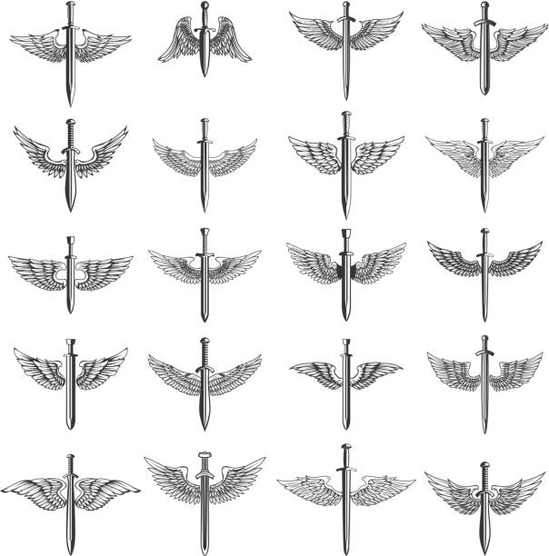 Big set of winged swords. For emblem, sign,  label, badge. Big set of winged swords. For emblem, sign, label, badge. Vector image animal limb stock illustrations