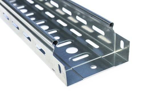 Metal perforated tray for laying cable routes