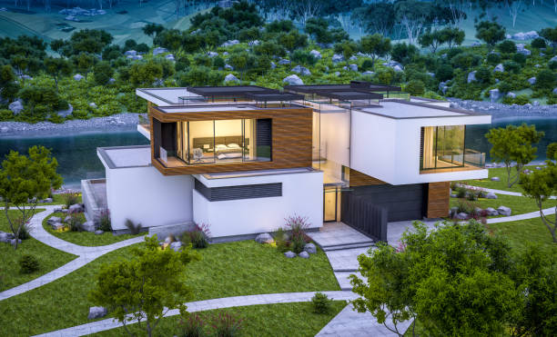 istock 3d rendering of modern cozy house by the river at evening 984372166