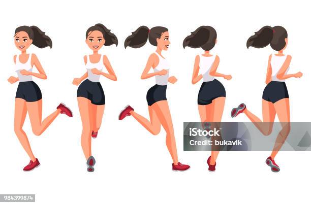 Vector Illustration Of Running Young Woman In Casual Clothes Cartoon Realistic People Illustrationflat Young Womanfront Side And Back Views Isometric Views Sportive Woman Sport Training Run Stock Illustration - Download Image Now
