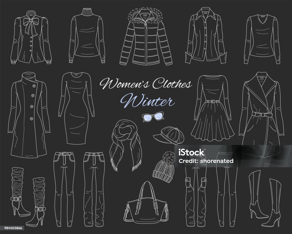 Women's clothes collection. Winter outfit. Vector sketch illustration Female fashion set. Women's clothes collection. Winter outfit: down coat with fur hood, wool coat, dress, jeans pants, leggings, sweater, hat, scarf and high heel boots, vector sketch illustration isolated on chalkboard. Leggings stock vector
