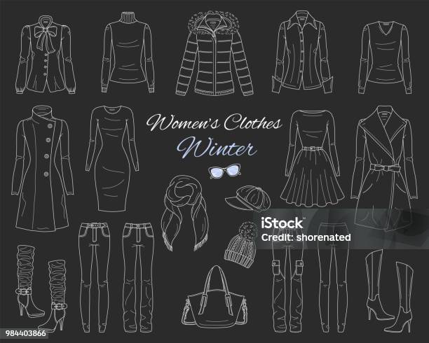 Womens Clothes Collection Winter Outfit Vector Sketch Illustration Stock Illustration - Download Image Now