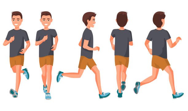 Vector illustration of running young man in casual clothes .Cartoon realistic people illustration.Flat young woman.Front, side and back views. Isometric views. Sportive woman. Sport, training, run. Vector illustration of running young man in casual clothes .Cartoon realistic people illustration.Flat young woman.Front, side and back views. Isometric views. Sportive woman. Sport, training, run. ass boy stock illustrations