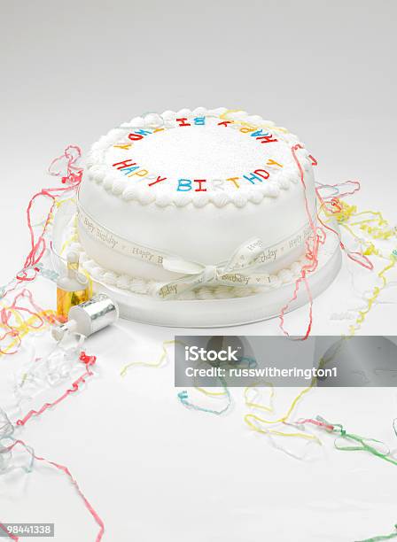 Birthday Cake And Streamers Stock Photo - Download Image Now - Birthday, Birthday Cake, Cake