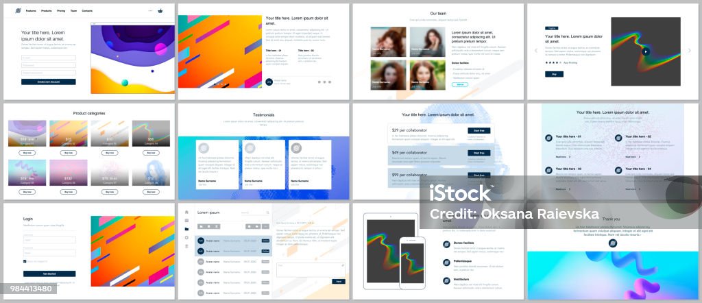 Vector templates for website design, minimal presentations, portfolio with geometric colorful patterns, gradients, fluid shapes. UI, UX, GUI. Design of headers, dashboard, features page, blog etc. Vector templates for website design, minimal presentations, portfolio with geometric colorful patterns, gradients, fluid shapes. UI, UX, GUI. Design of headers, dashboard, features page blog etc Graphical User Interface stock vector
