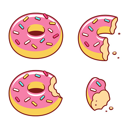 Different stages of eating donut: whole, missing bite, half-eaten and crumbs left. Cute cartoon vector illustration.
