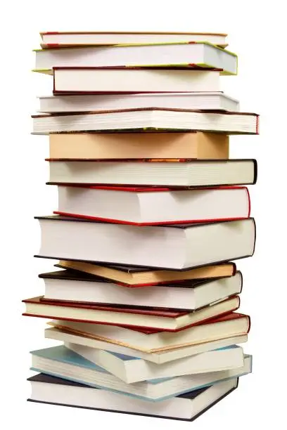 High stack of books isolated on white background