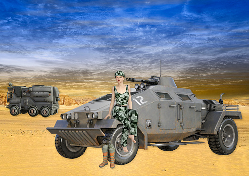 Female Soldier Sitting on Military Vehicle in Vibrant Desert Scene