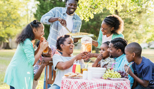 Large African-American family having backyard cookout A large African-American family with aunts, uncles and cousins, sitting together around a table at a backyard cookout. There are four adults in their 30s and four children aged 3 to 12. family reunion stock pictures, royalty-free photos & images