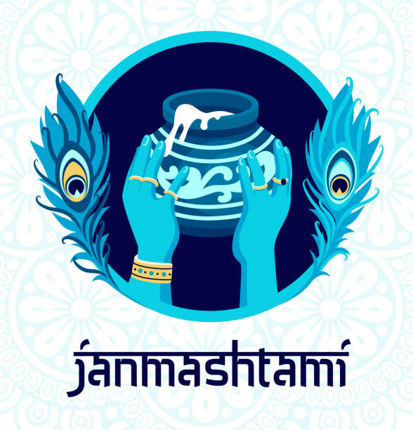 ilustraciones, imágenes clip art, dibujos animados e iconos de stock de tarjeta del día de janmashtami - ganesha om symbol indian culture hinduism