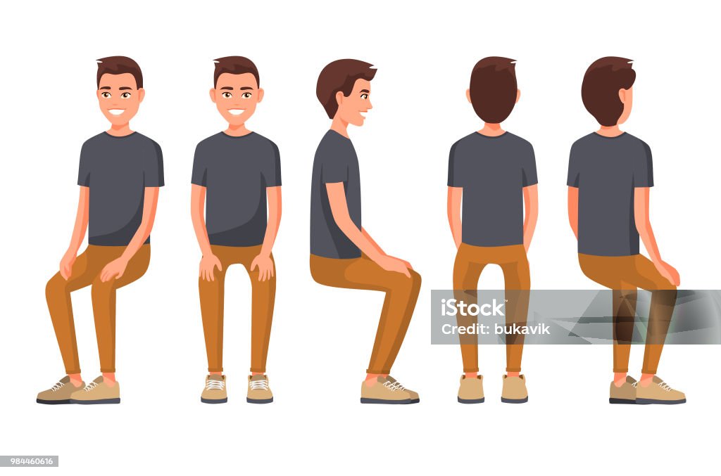 Front Side Back View Animated Character Designer Character Creation Set  With Various Views Cartoon Style Flat Vector Illustration Of Smiling Girls  With Blonde Hair In Casual Clothe Stock Illustration - Download Image