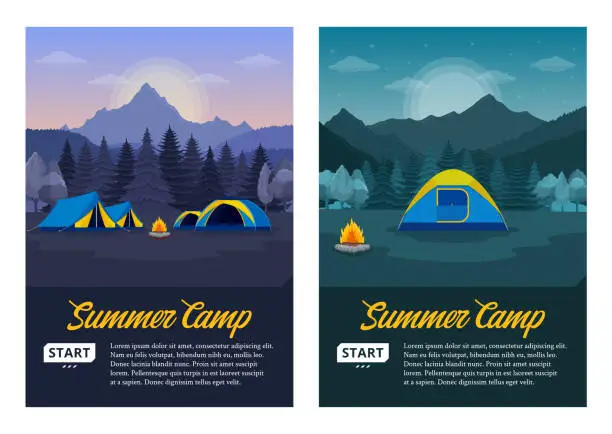 Vector illustration of Vector morning and night mountains summer camp vertical banners