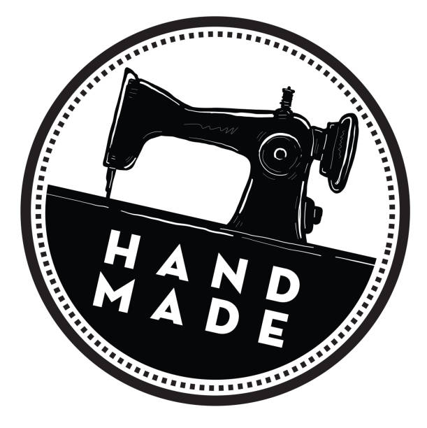 Vector illustration of a Handmade label design with antique sewing machine and text on burlap
