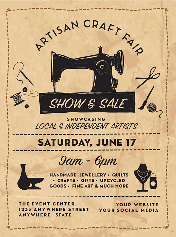 Craft show and sale poster advertisement design template includes antique sewing machine and tools, jewellry stand and pottery. Easy to edit with layers.